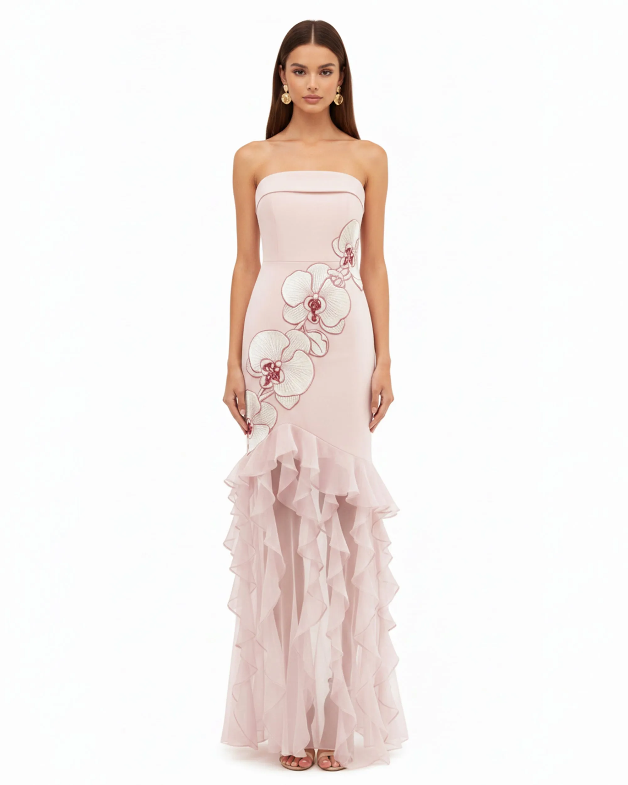 Orchid Embroidered Ruffled Strapless Maxi Dress - Blush Pink sold by JW PEI