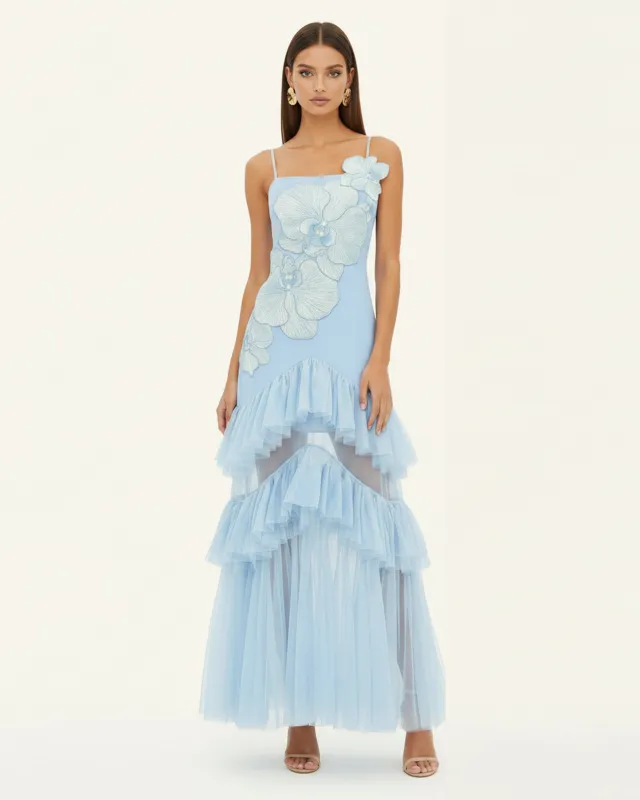 Orchid Embroidered Ruffled Tulle Strapless Maxi Dress - Light Blue made by JW PEI