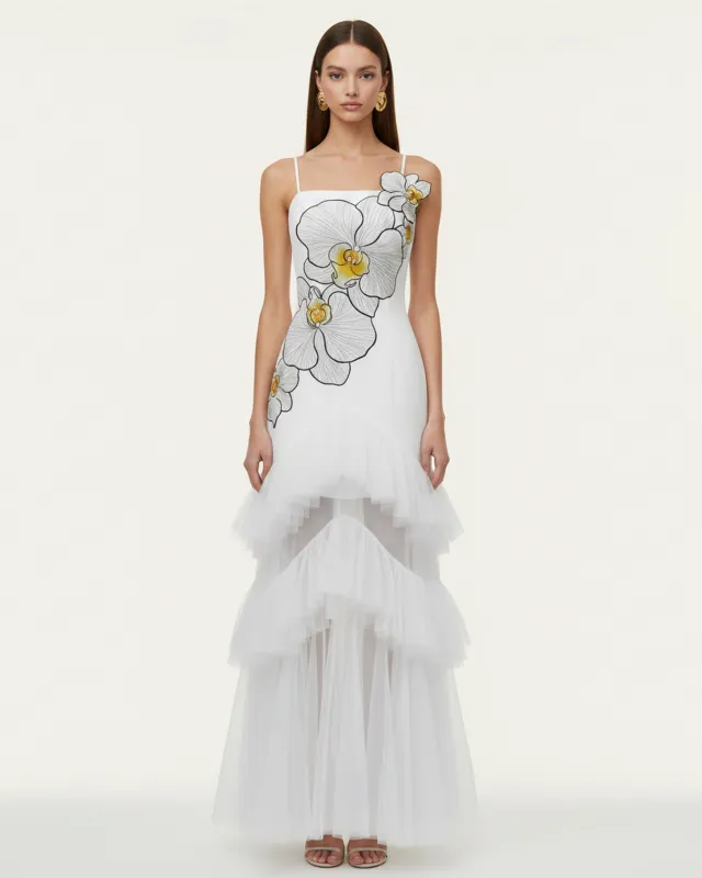 Orchid Embroidered Ruffled Tulle Strapless Maxi Dress - White made by JW PEI