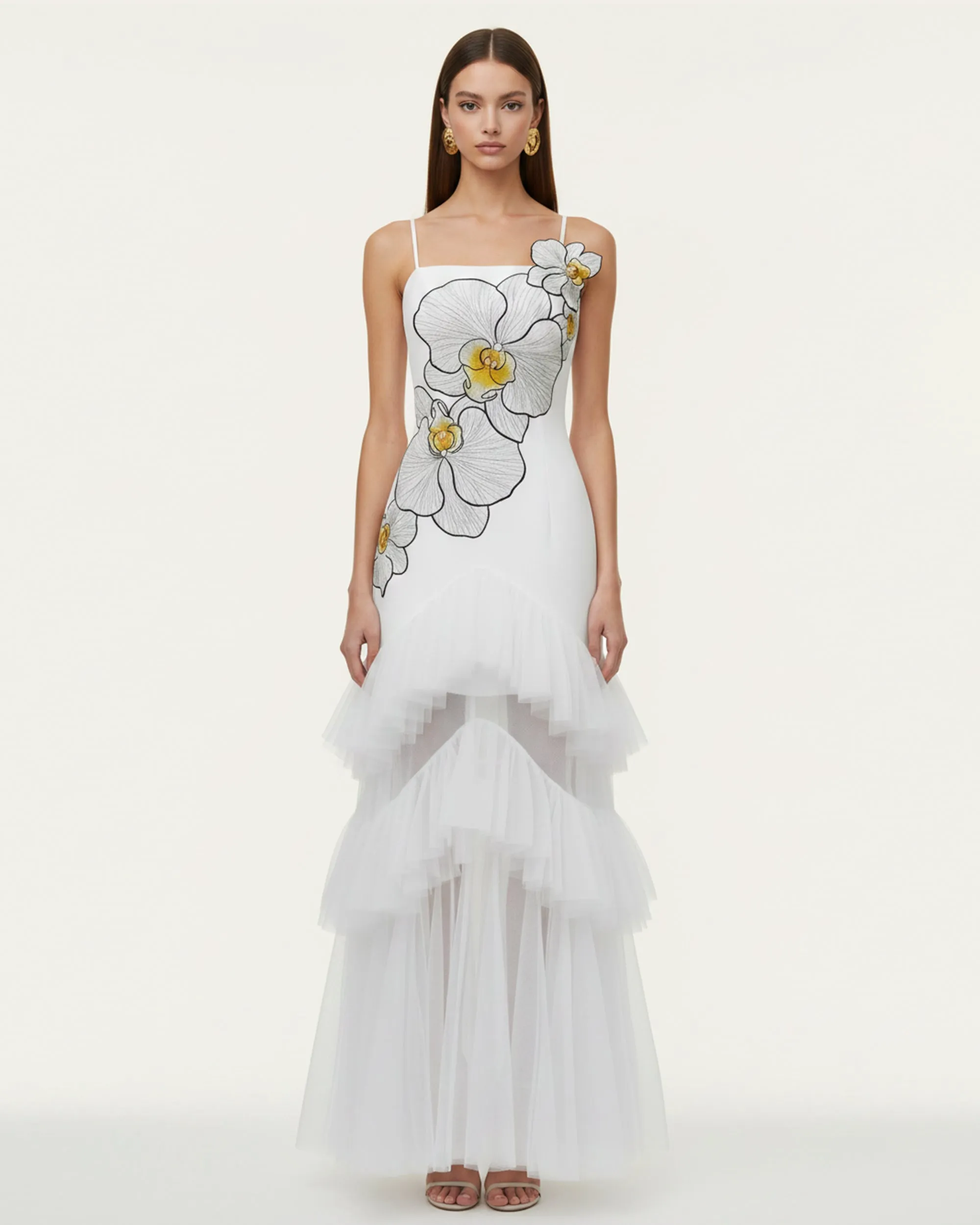 Orchid Embroidered Ruffled Tulle Strapless Maxi Dress - White sold by JW PEI