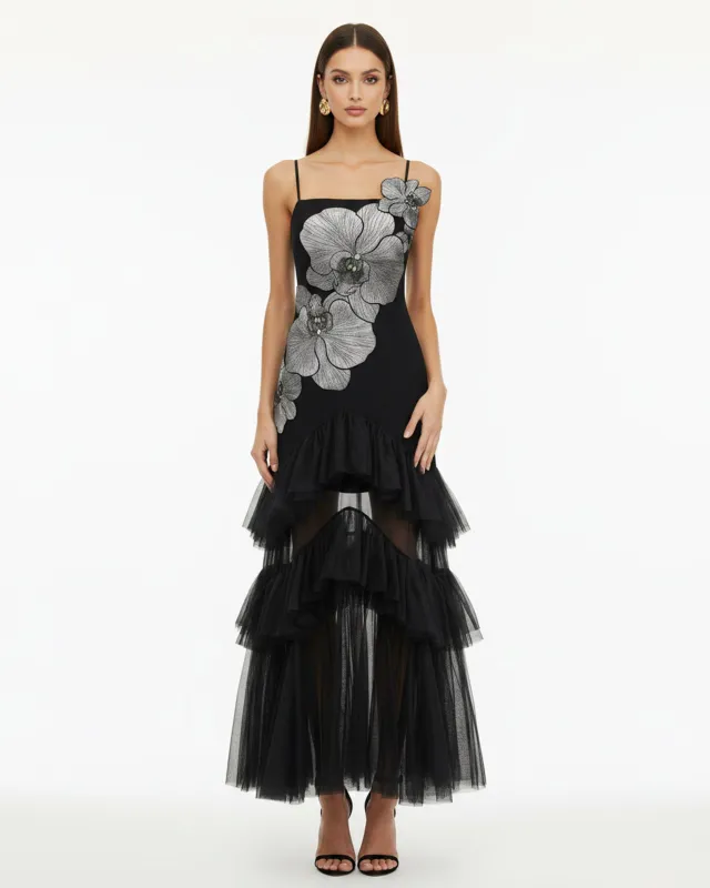 Orchid Embroidered Ruffled Tulle Strapless Maxi Dress - Black made by JW PEI