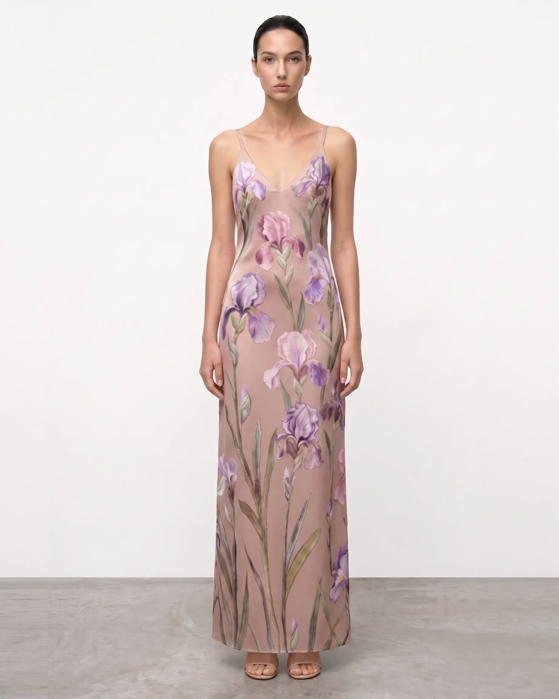 V-Neck Iris Motif Satin Slip Gown - Dusty Rose/Purple sold by JW PEI