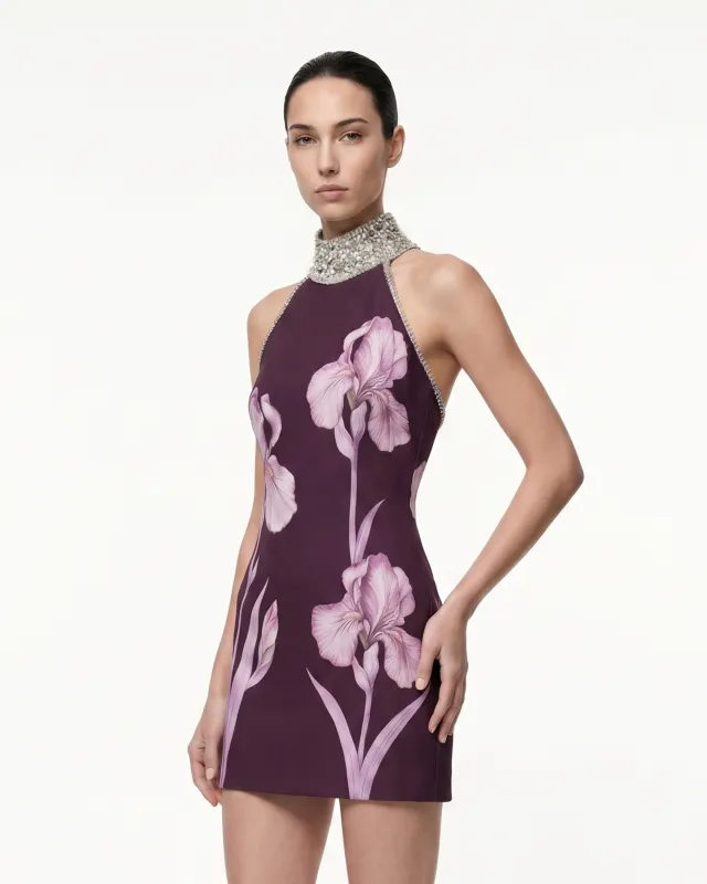 Jeweled Halter Iris Motif Dress - Deep Claret made by JW PEI