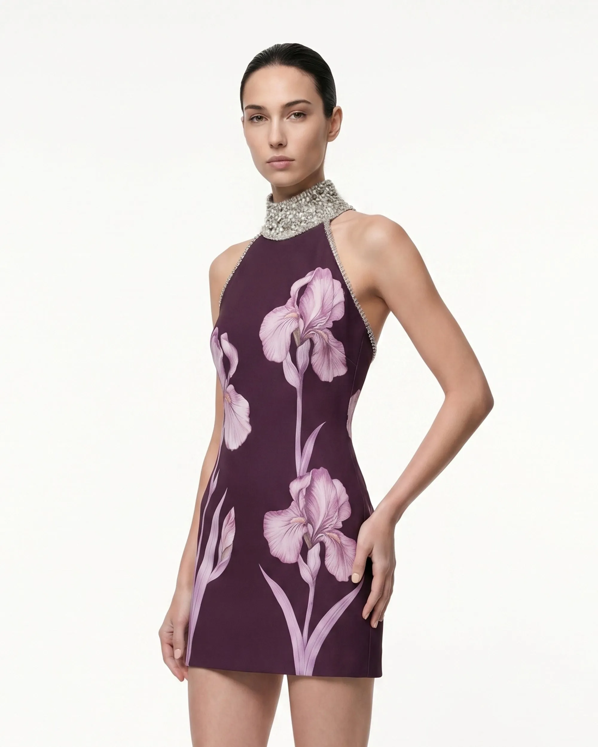 Jeweled Halter Iris Motif Dress - Deep Claret sold by JW PEI