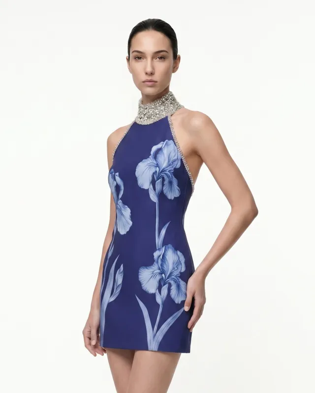 Jeweled Halter Iris Motif Dress - Navy Blue made by JW PEI