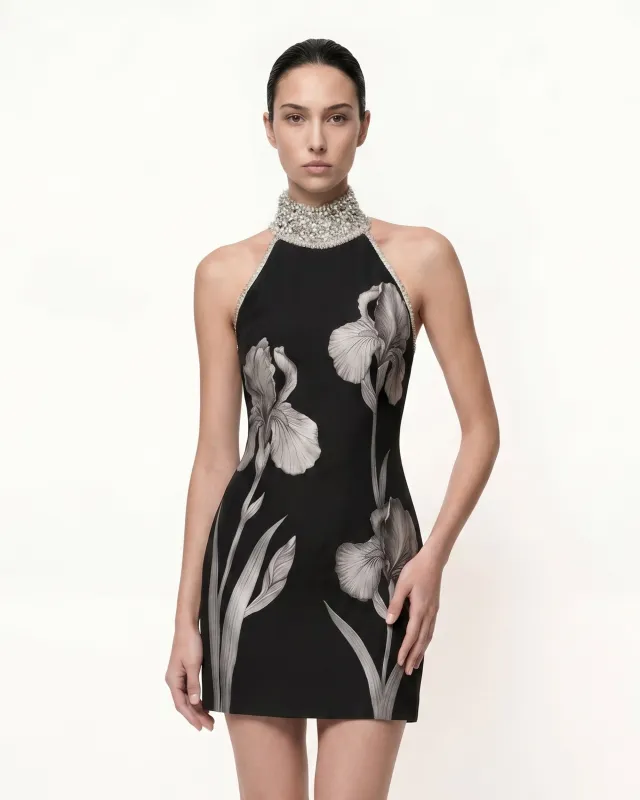 Jeweled Halter Iris Motif Dress - Black made by JW PEI