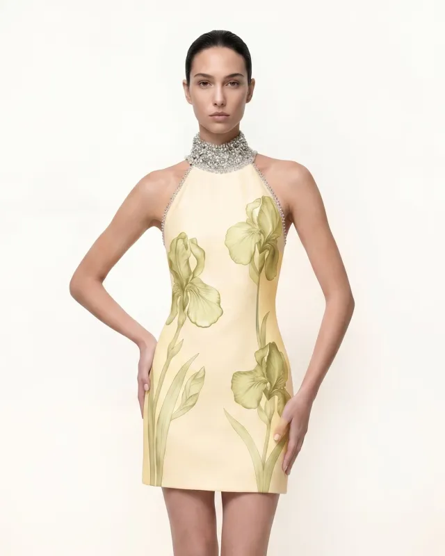Jeweled Halter Iris Motif Dress - Yellow made by JW PEI