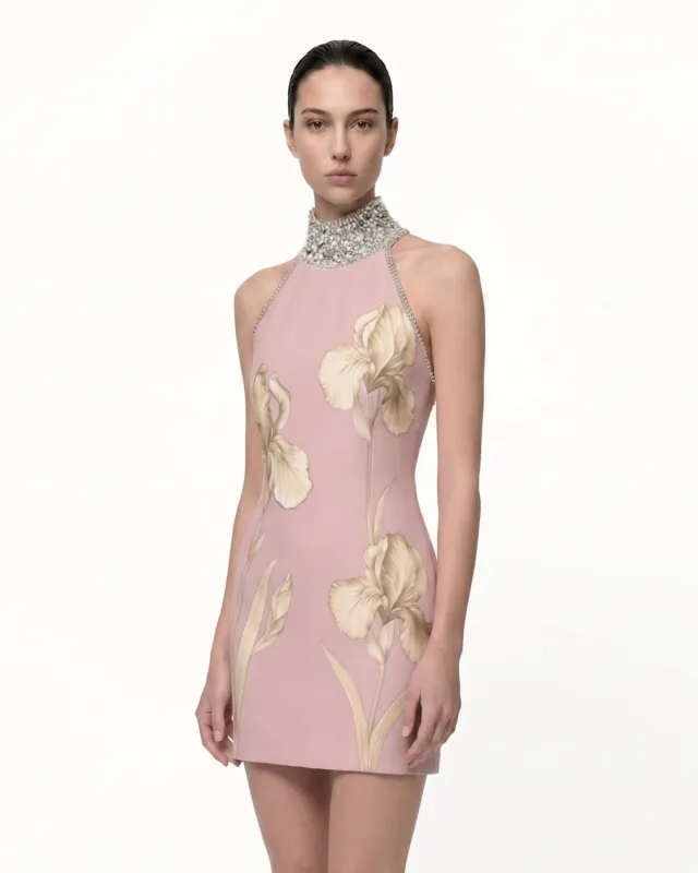 Jeweled Halter Iris Motif Dress - Pink/Champagne made by JW PEI