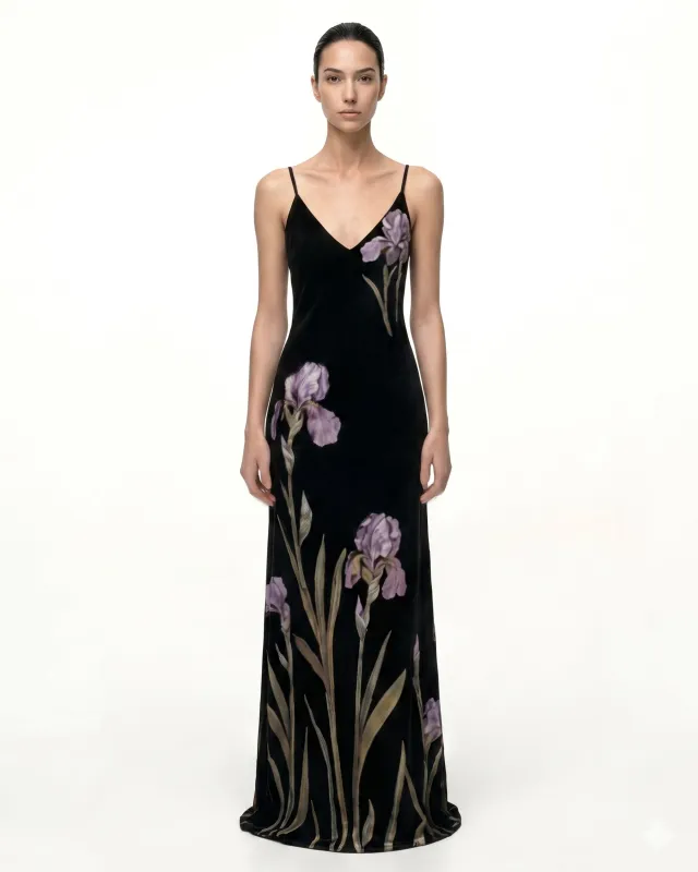 Iris Motif Satin Slip Gown - Black/Purple made by JW PEI