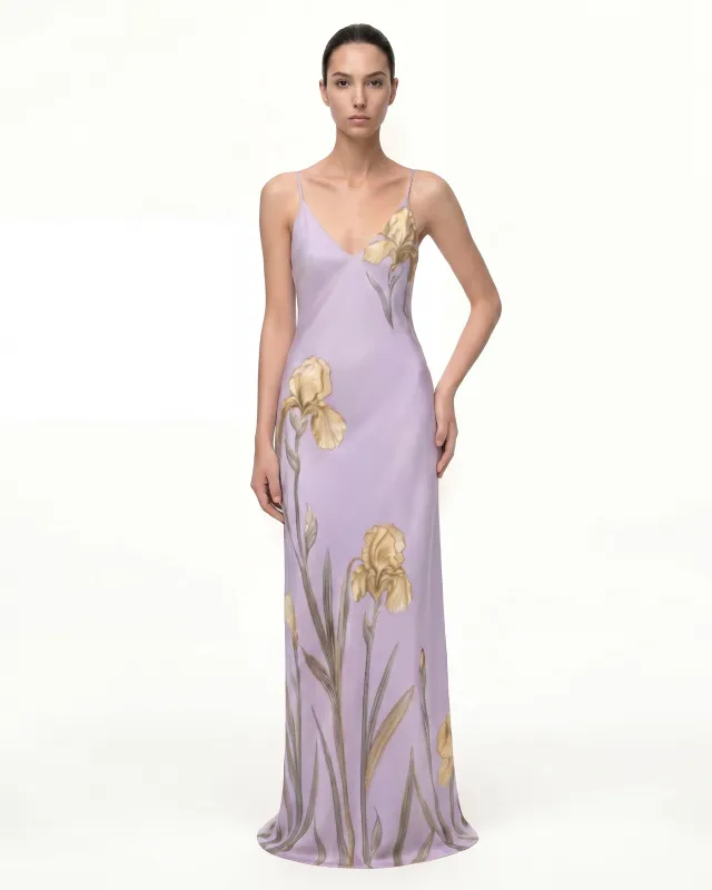 Iris Motif Satin Slip Gown - Purple/Yellow made by JW PEI