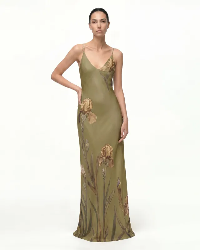 Iris Motif Satin Slip Gown - Olive Green made by JW PEI