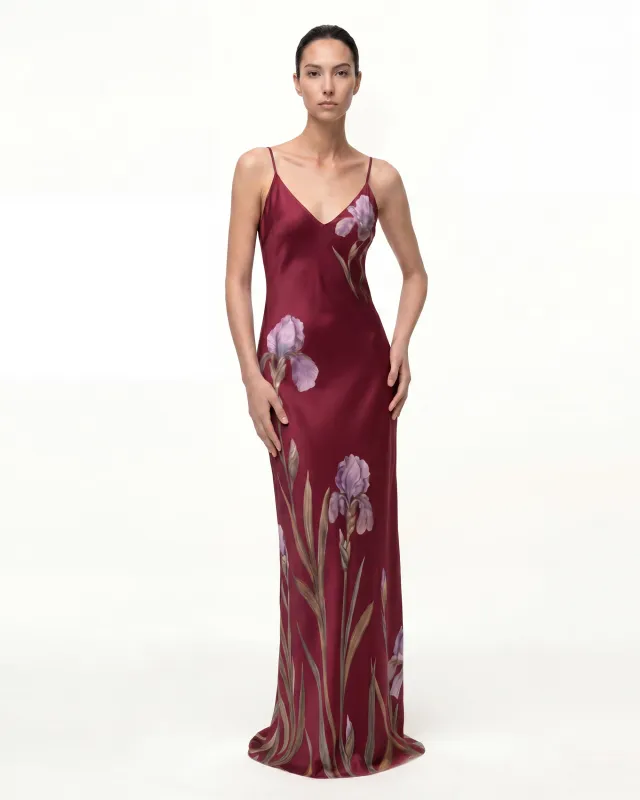 Iris Motif Satin Slip Gown - Burgundy/Purple made by JW PEI
