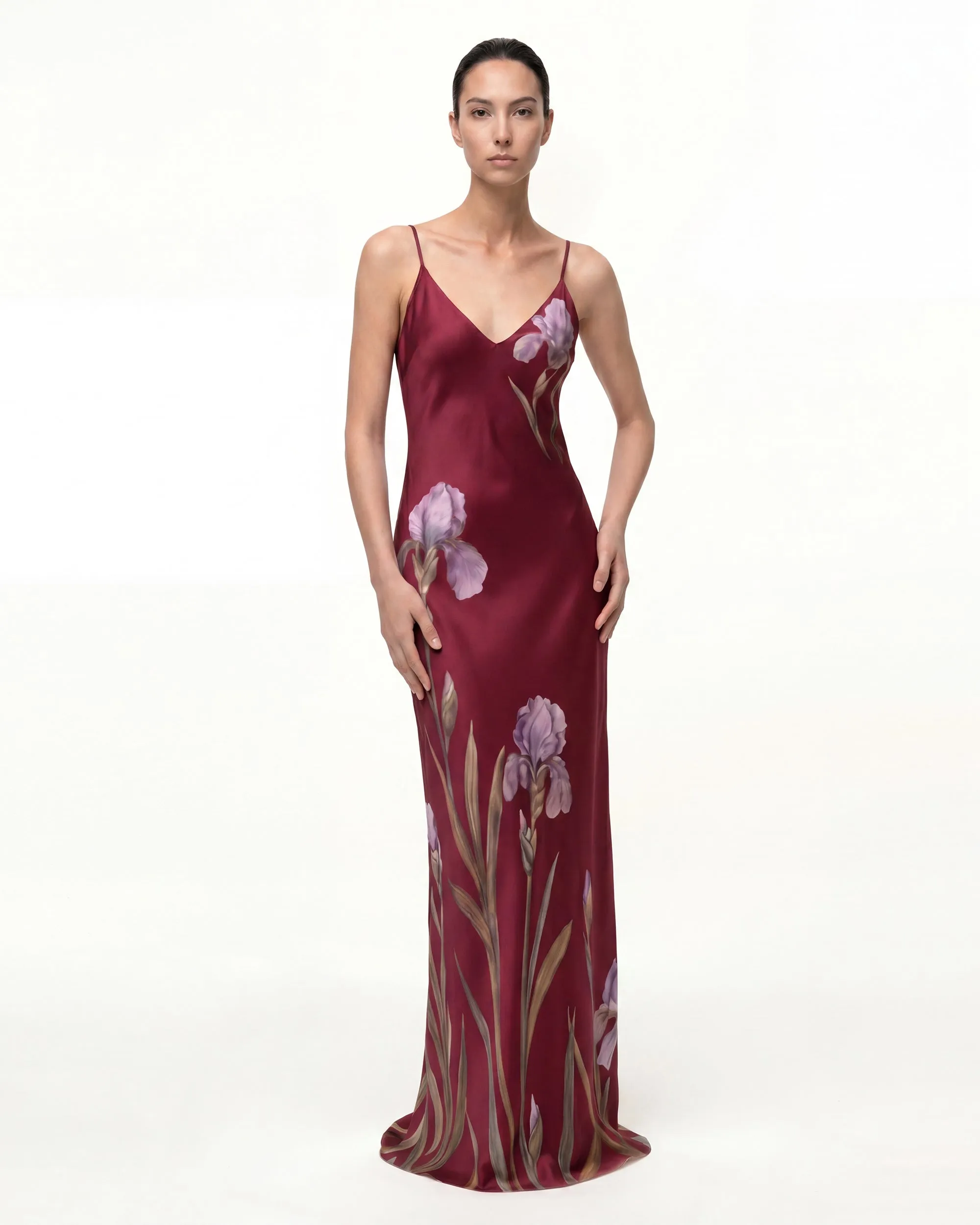 Iris Motif Satin Slip Gown - Burgundy/Purple sold by JW PEI
