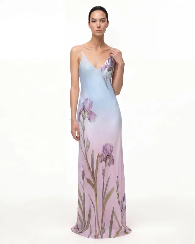Iris Motif Satin Slip Gown - Blue/Purple made by JW PEI