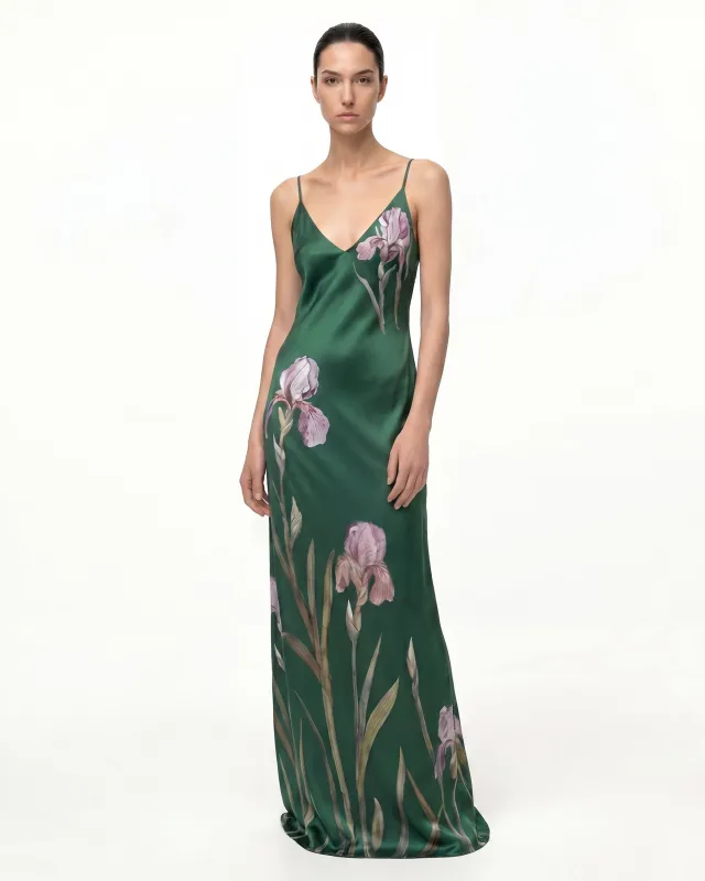 Iris Motif Satin Slip Gown - Dark Green/Purple made by JW PEI