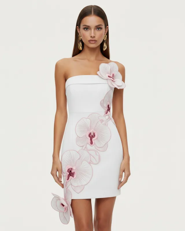 Orchid Embroidered Floral Appliqué Strapless Mini Dress - White Pink made by JW PEI