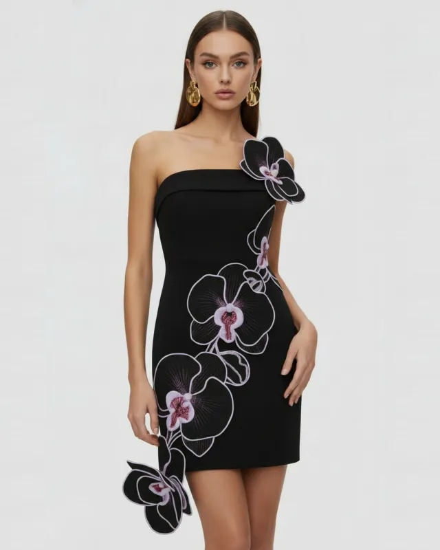 Orchid Embroidered Floral Appliqué Strapless Mini Dress - Black Purple made by JW PEI