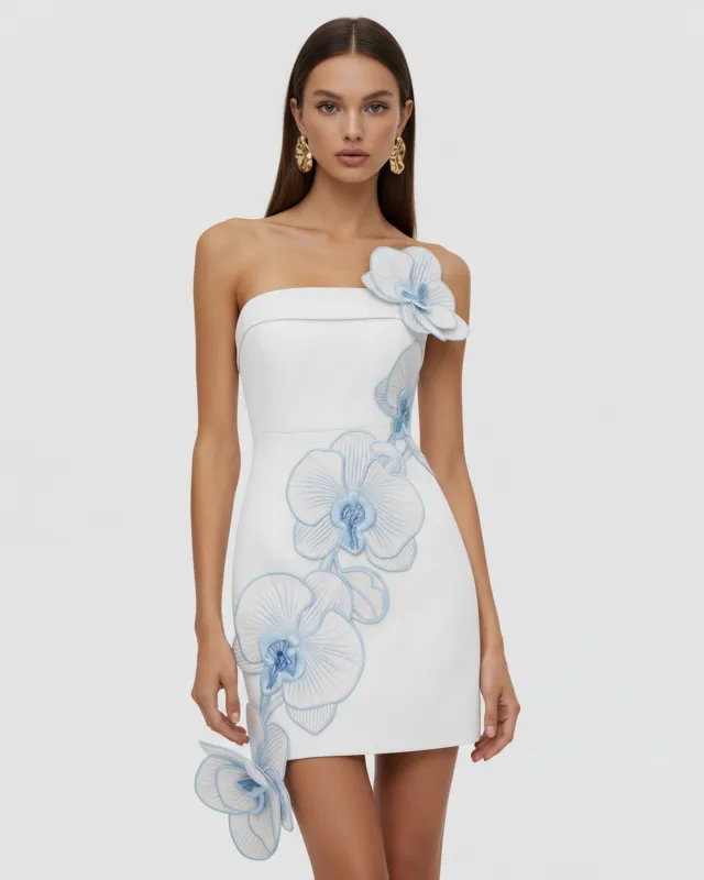 Orchid Embroidered Floral Appliqué Strapless Mini Dress - White Blue made by JW PEI