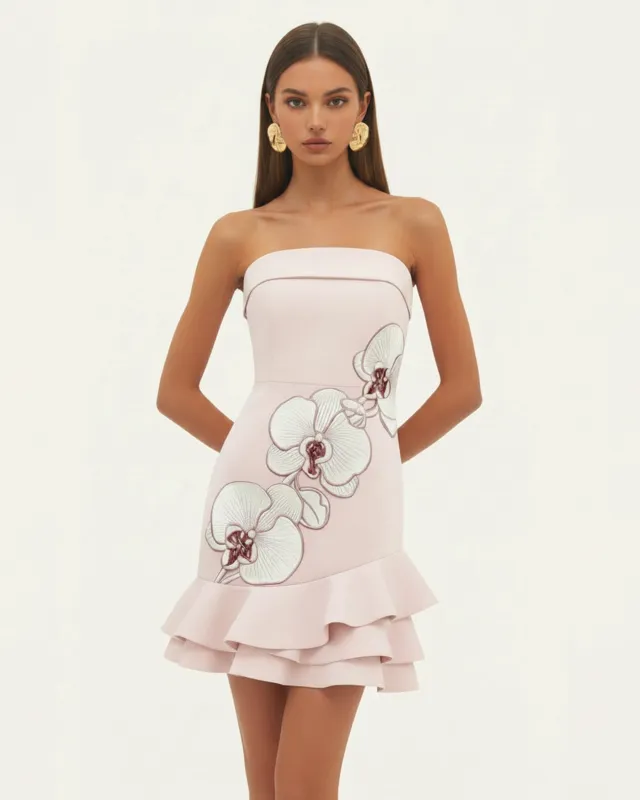 Orchid Embroidered Tiered Hem Strapless Mini Dress - Blush Pink made by JW PEI
