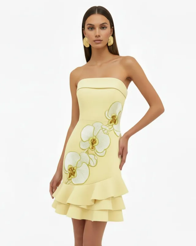 Orchid Embroidered Tiered Hem Strapless Mini Dress - Pale Yellow made by JW PEI