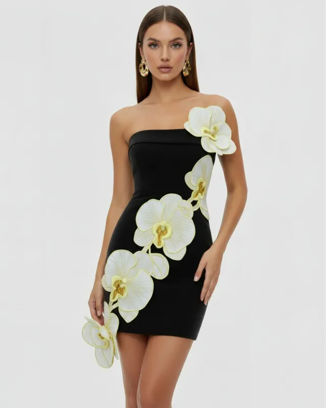 Orchid Embroidered Floral Appliqué Strapless Mini Dress - Black Yellow made by JW PEI
