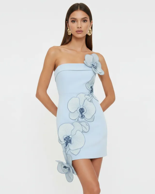 Orchid Embroidered Floral Appliqué Strapless Mini Dress - Light Blue made by JW PEI