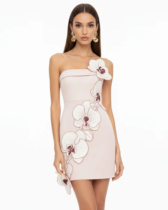 Orchid Embroidered Floral Appliqué Strapless Mini Dress - Blush Pink made by JW PEI