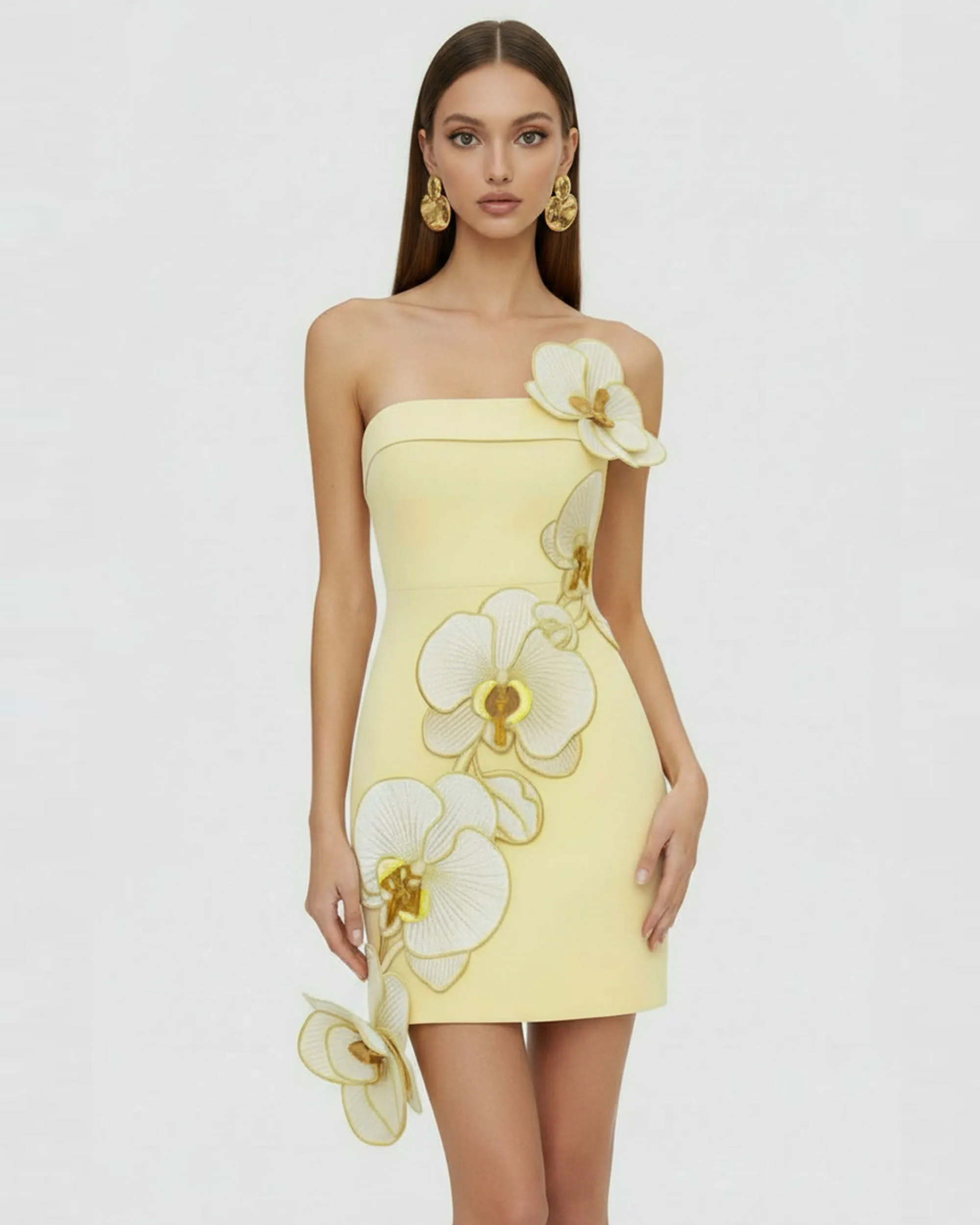 Orchid Embroidered Floral Appliqué Strapless Mini Dress - Pale Yellow sold by JW PEI