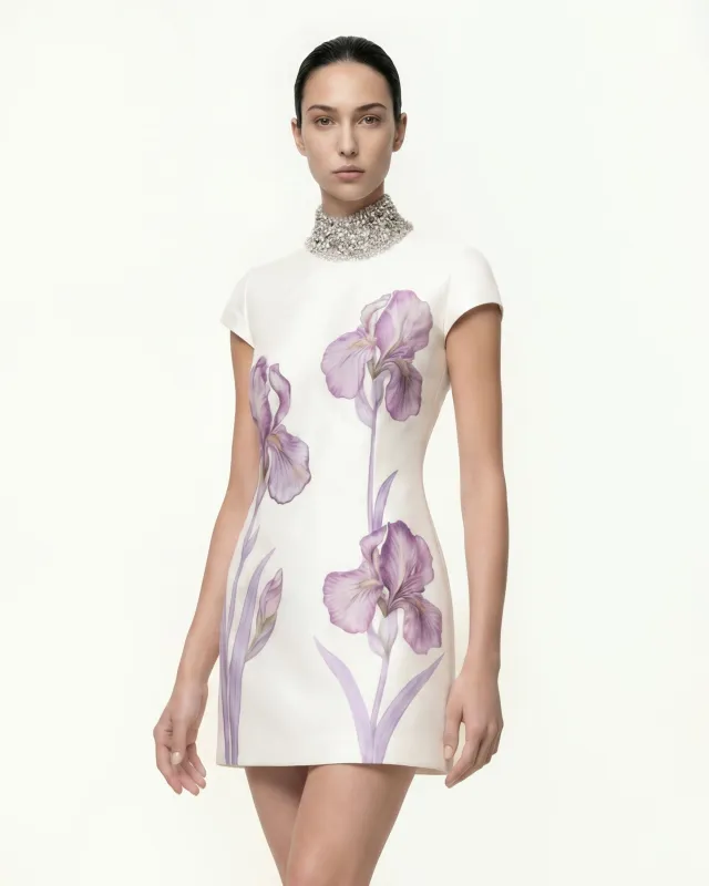 Jeweled Neck Iris Print Mini Dress - White/Purple made by JW PEI