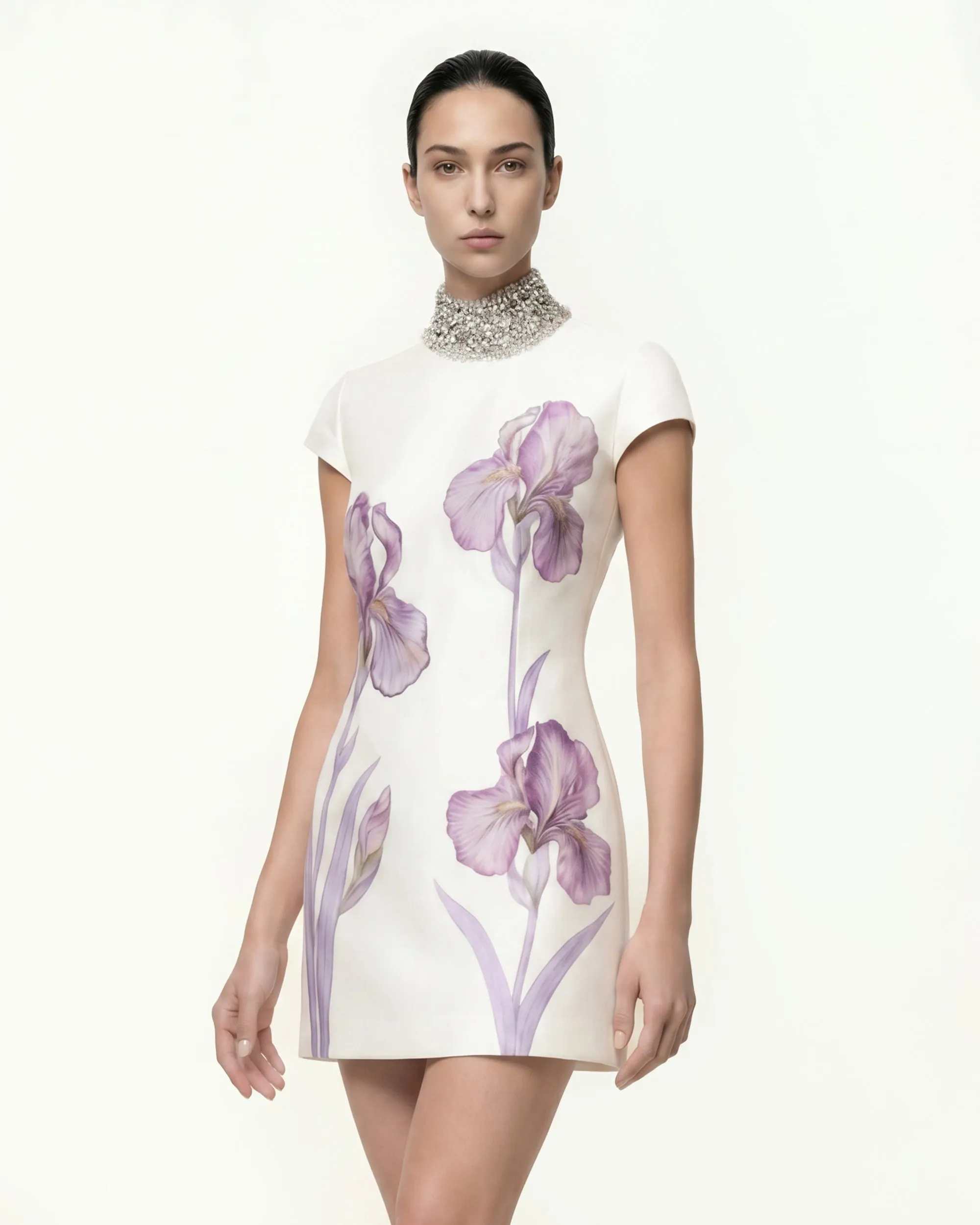 Jeweled Neck Iris Print Mini Dress - White/Purple sold by JW PEI