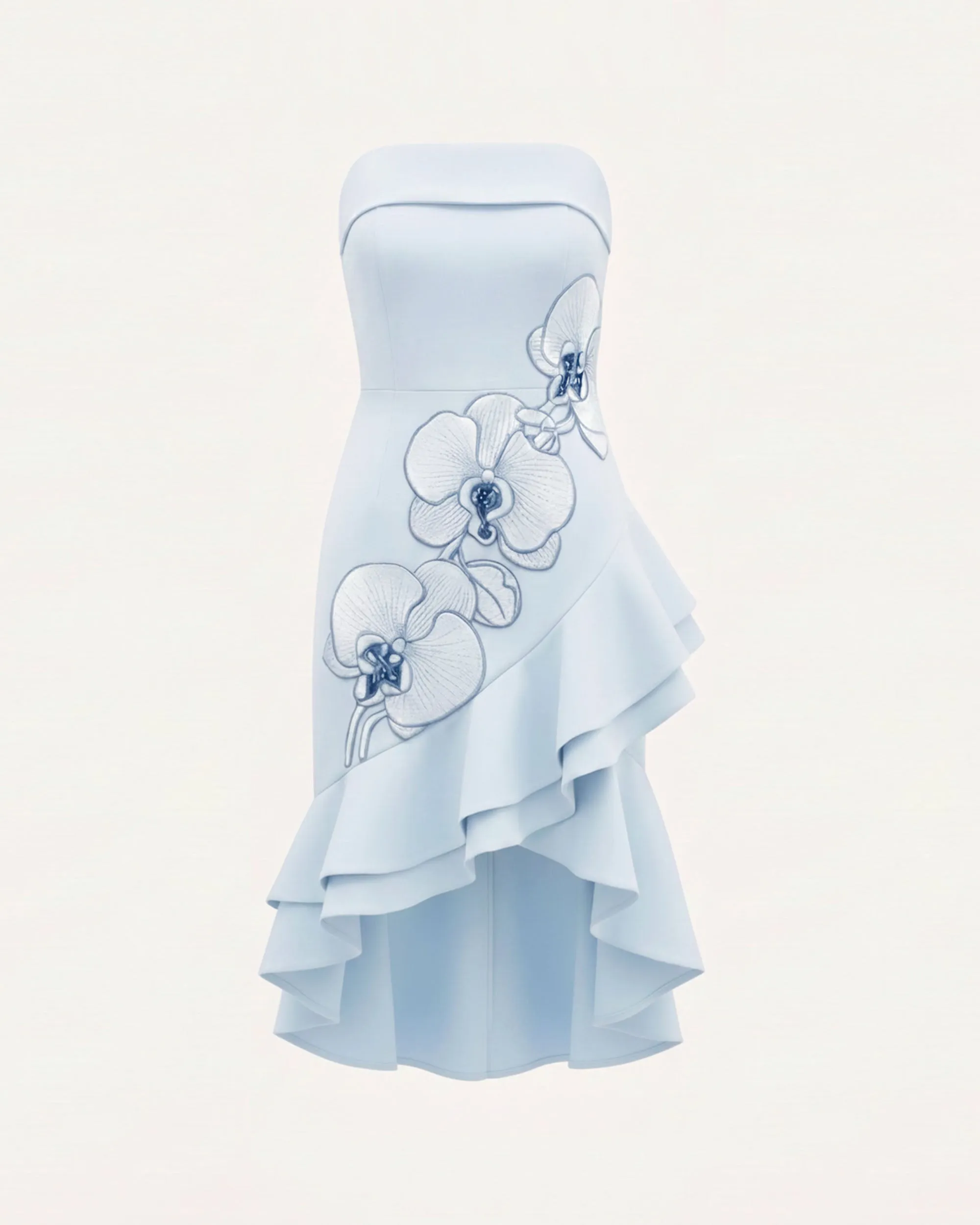 Orchid Embroidered Asymmetrical Strapless Midi Dress - Light Blue sold by JW PEI product image thumbnail 3