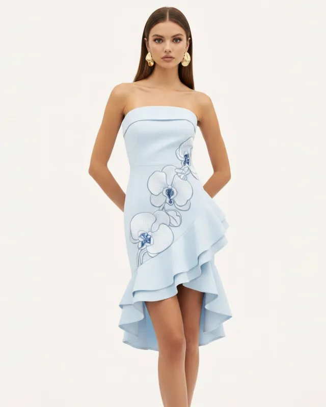 Orchid Embroidered Asymmetrical Strapless Midi Dress - Light Blue made by JW PEI
