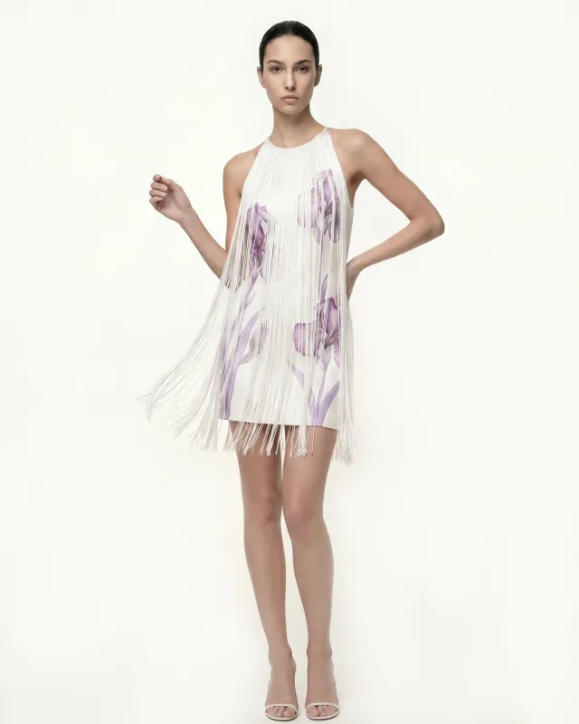Iris Print Fringe Halter Mini Dress - White/Purple made by JW PEI