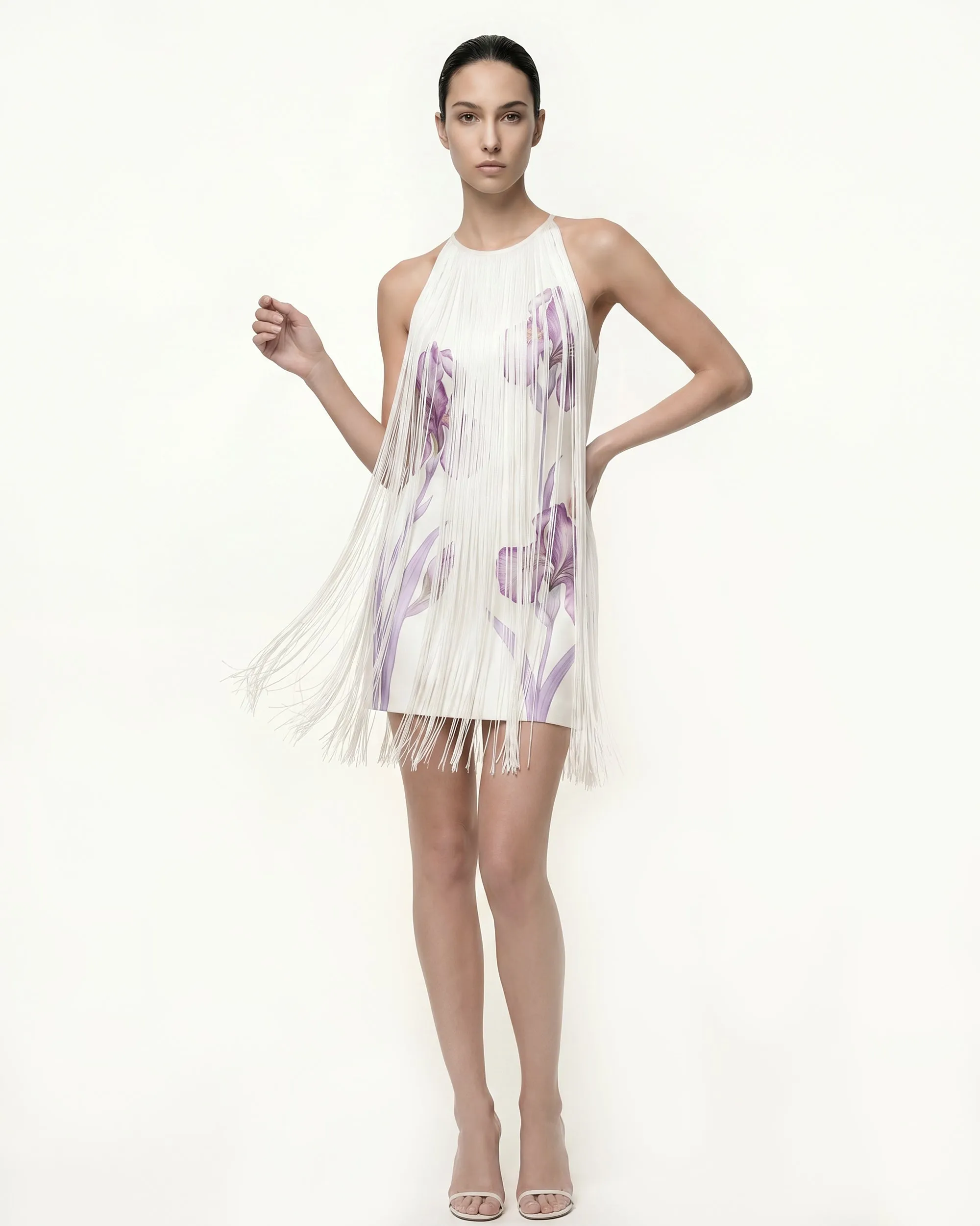 Iris Print Fringe Halter Mini Dress - White/Purple sold by JW PEI