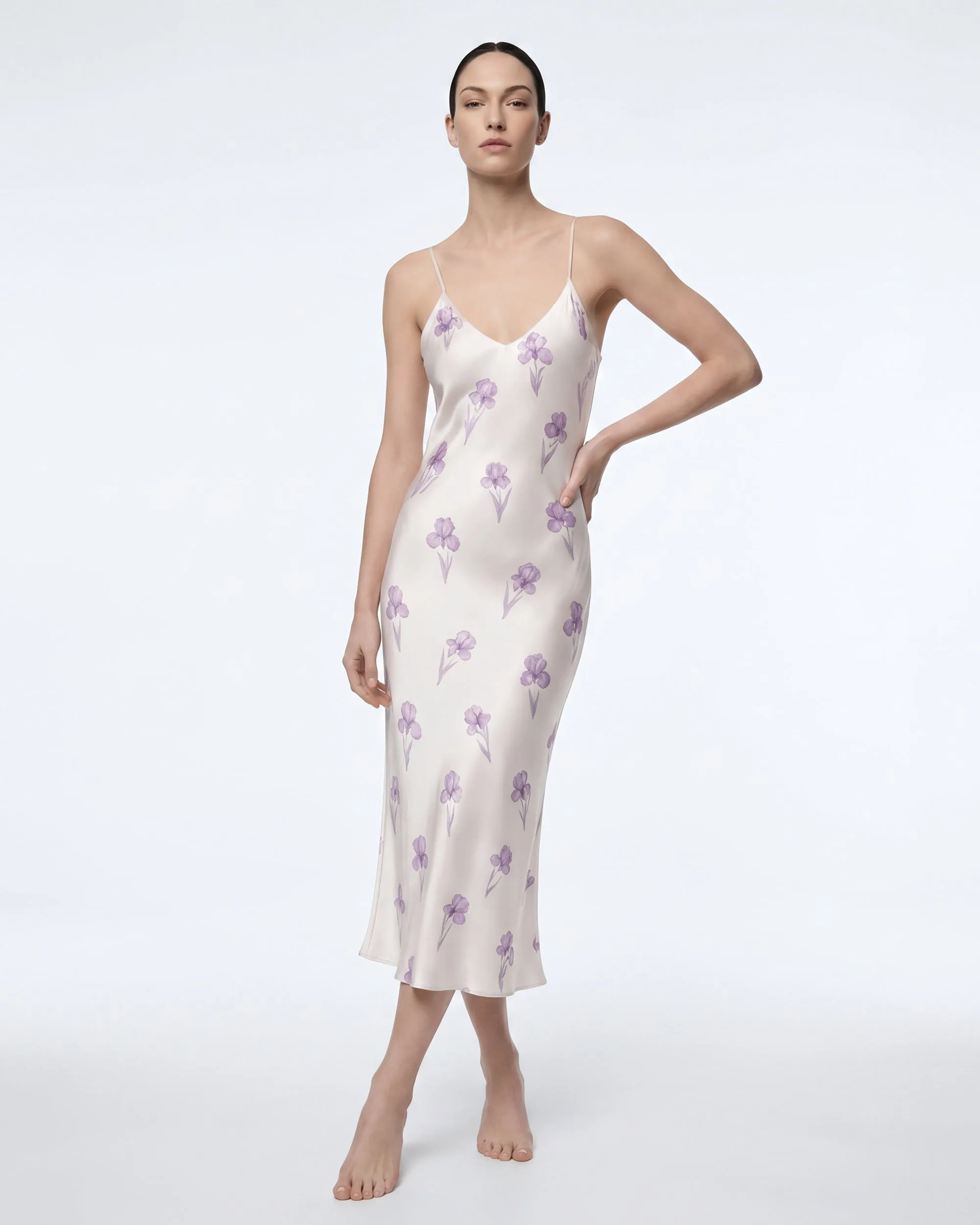 Iris Print Satin Bias Cut Slip Midi Dress - White/Purple sold by JW PEI