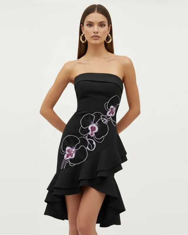 Orchid Embroidered Asymmetrical Strapless Midi Dress - Black Purple made by JW PEI