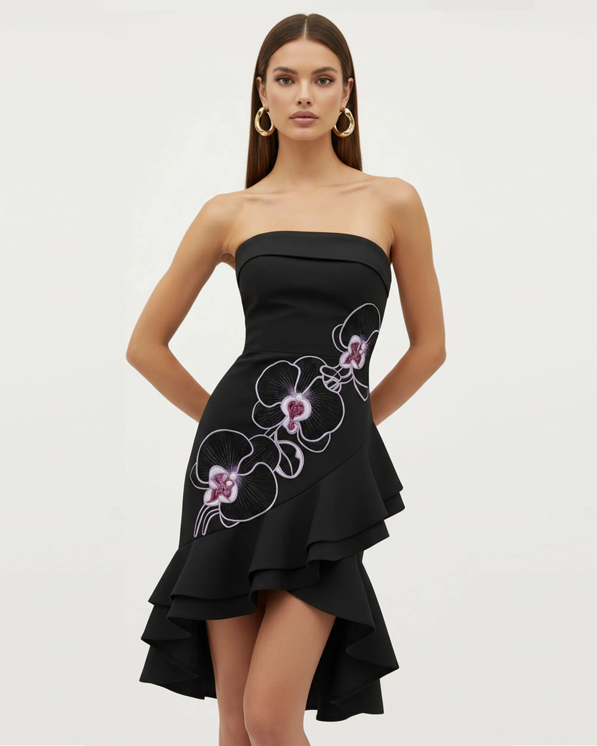 Orchid Embroidered Asymmetrical Strapless Midi Dress - Black Purple sold by JW PEI