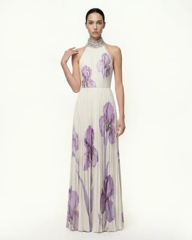 Jeweled-neck Halter Pleated Iris Print Maxi Dress - White/Purple made by JW PEI