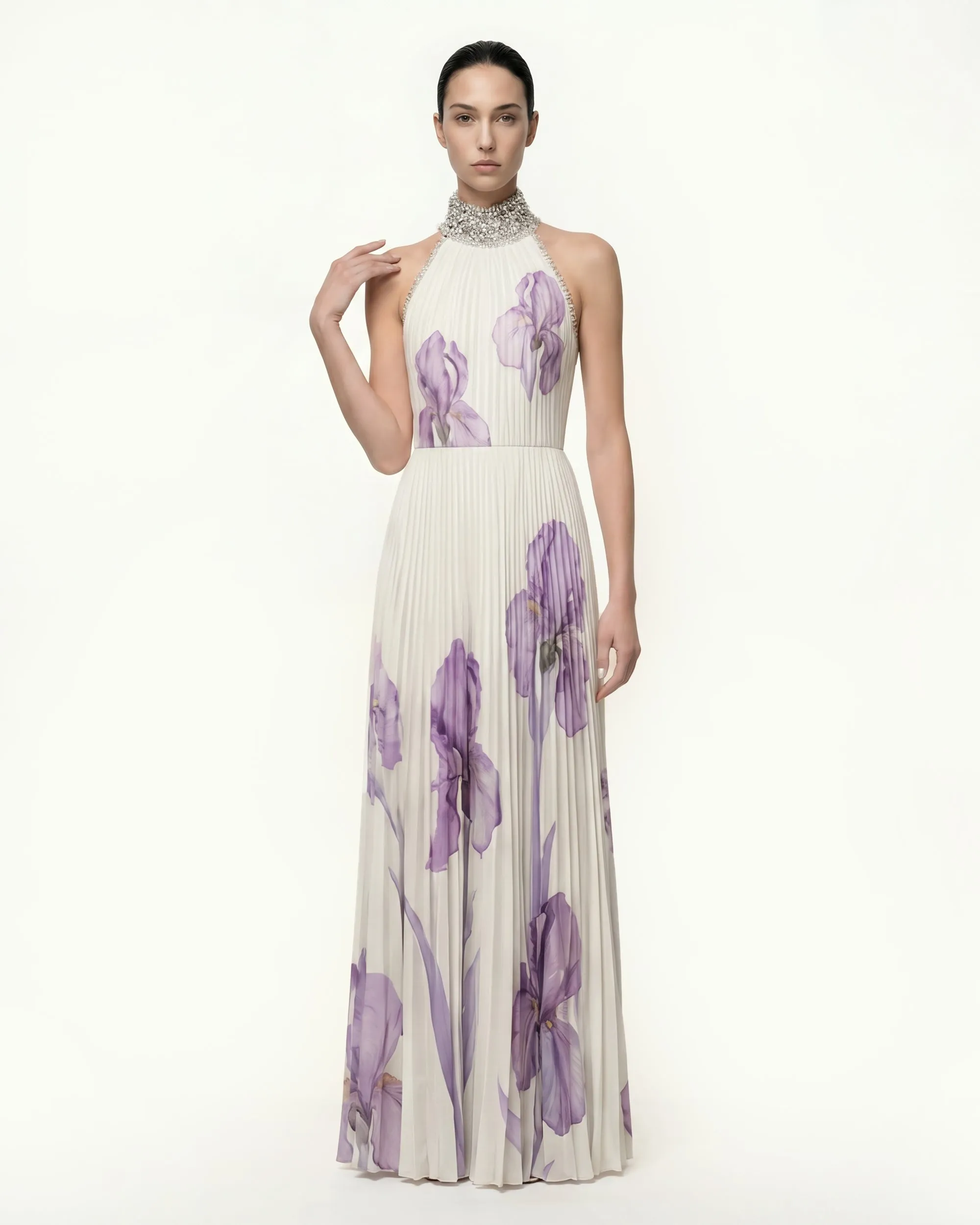 Jeweled-neck Halter Pleated Iris Print Maxi Dress - White/Purple sold by JW PEI