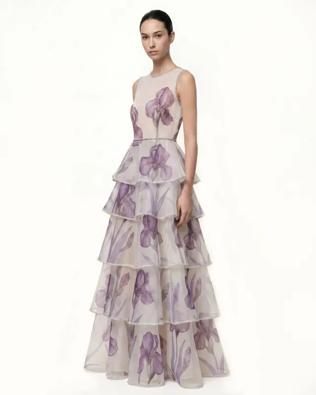 Jeweled-Trim Tiered Iris Print Organza Maxi Dress - White/Purple made by JW PEI