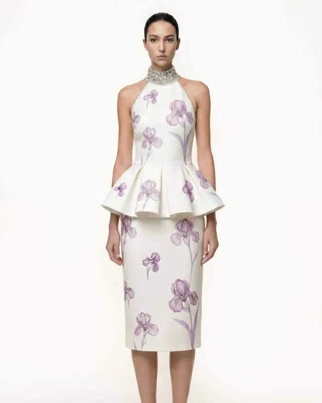 Jeweled Halter Peplum Iris Print Top - White/Purple made by JW PEI