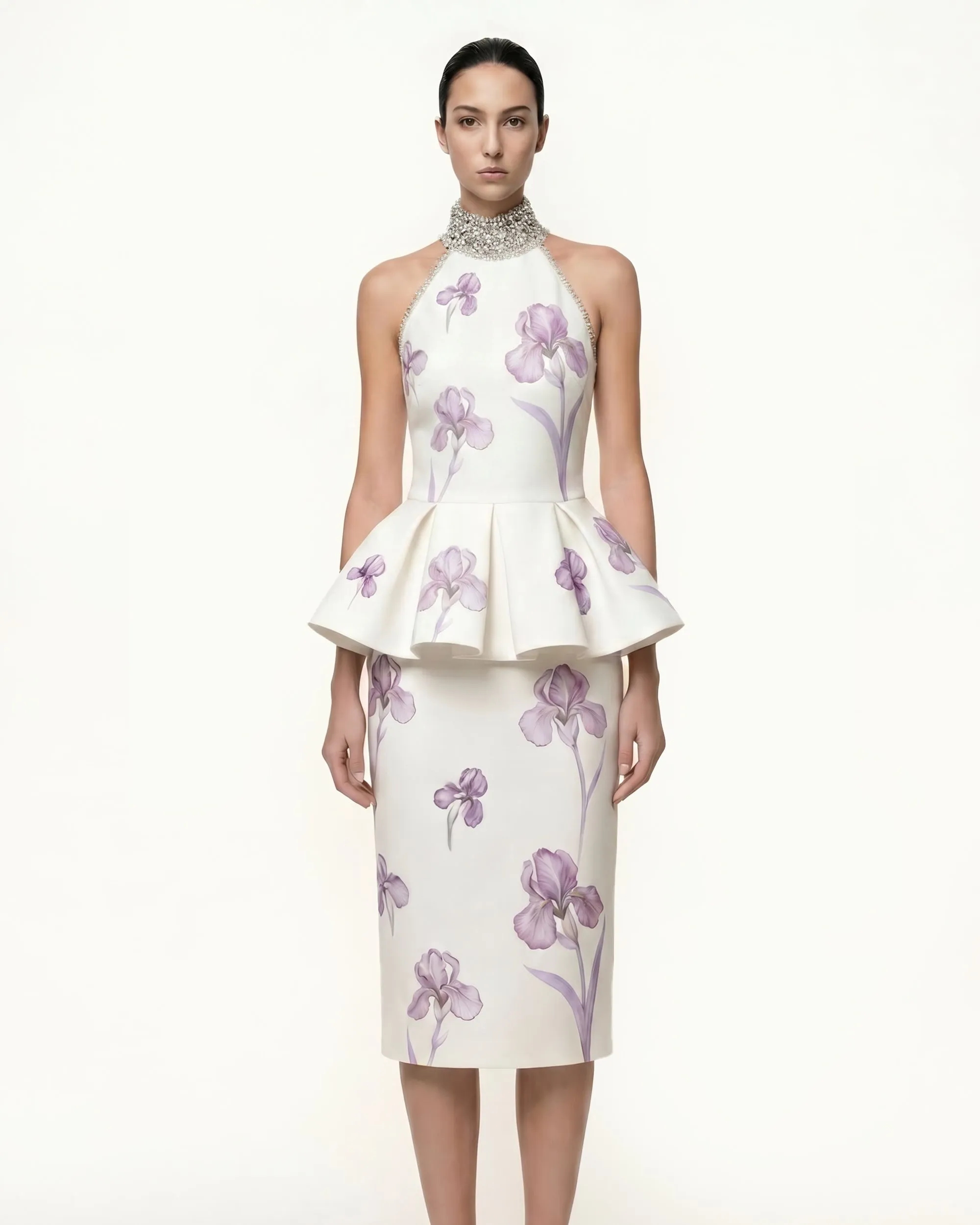 Jeweled Halter Peplum Iris Print Top - White/Purple sold by JW PEI