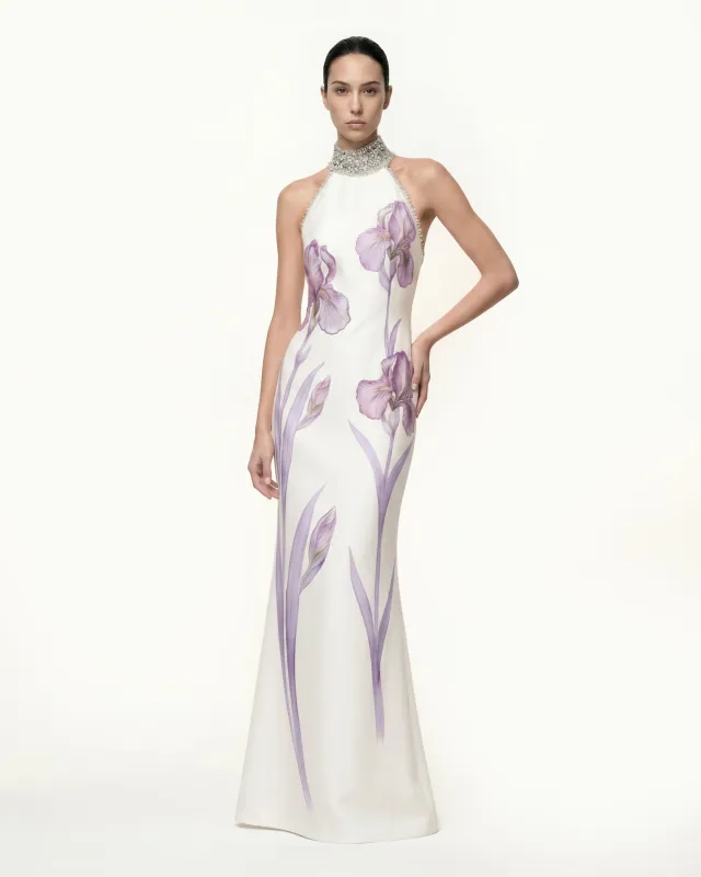 Jeweled Halter Mermaid Iris Print Maxi Dress - White/Purple made by JW PEI