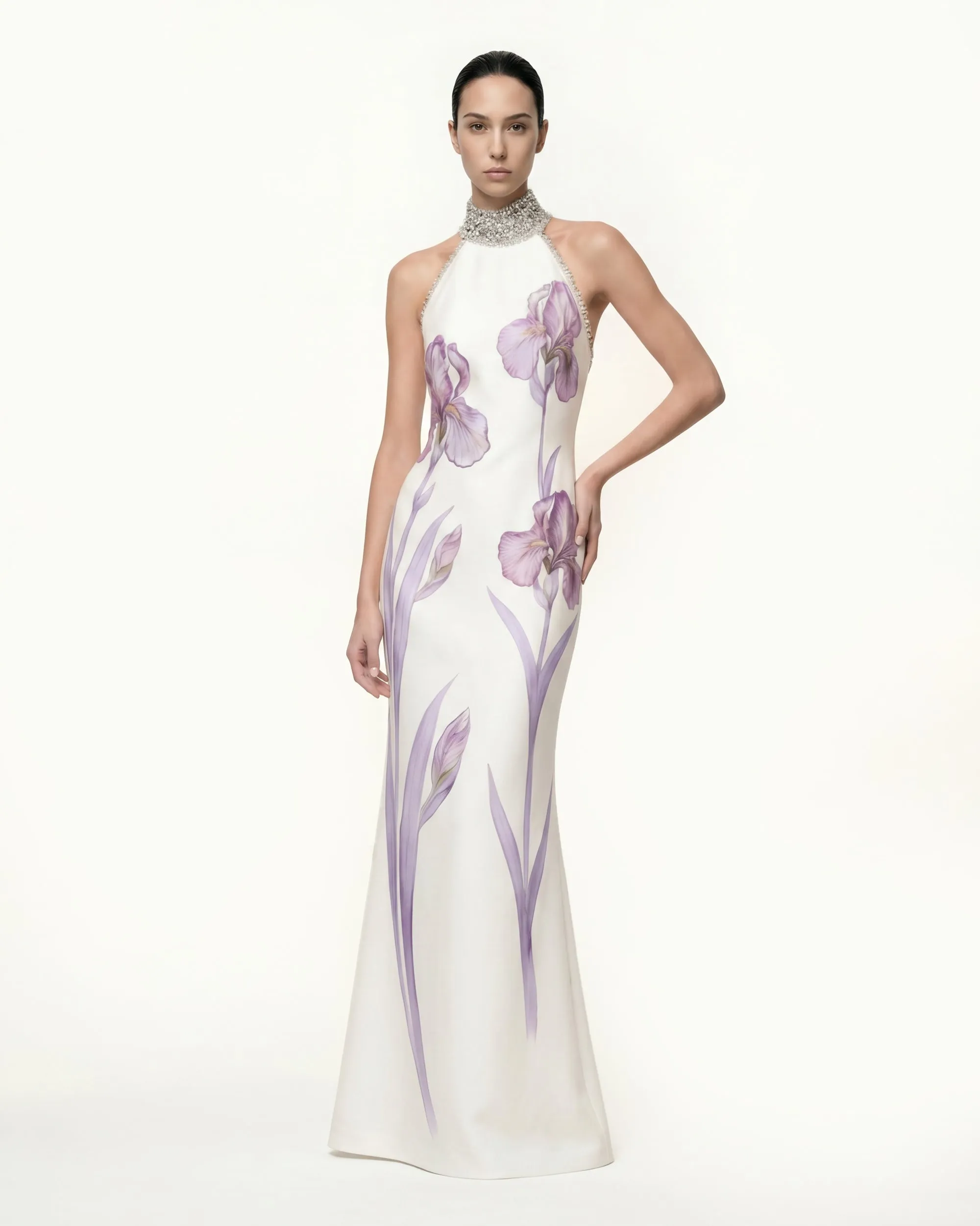 Jeweled Halter Mermaid Iris Print Maxi Dress - White/Purple sold by JW PEI