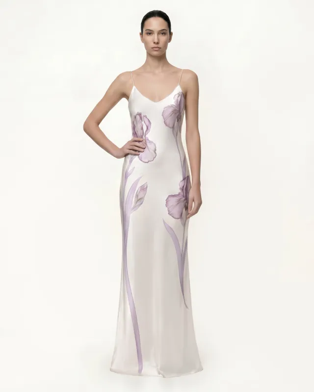 Iris Print Satin Spaghetti Strap Slip Maxi Dress - White/Purple made by JW PEI