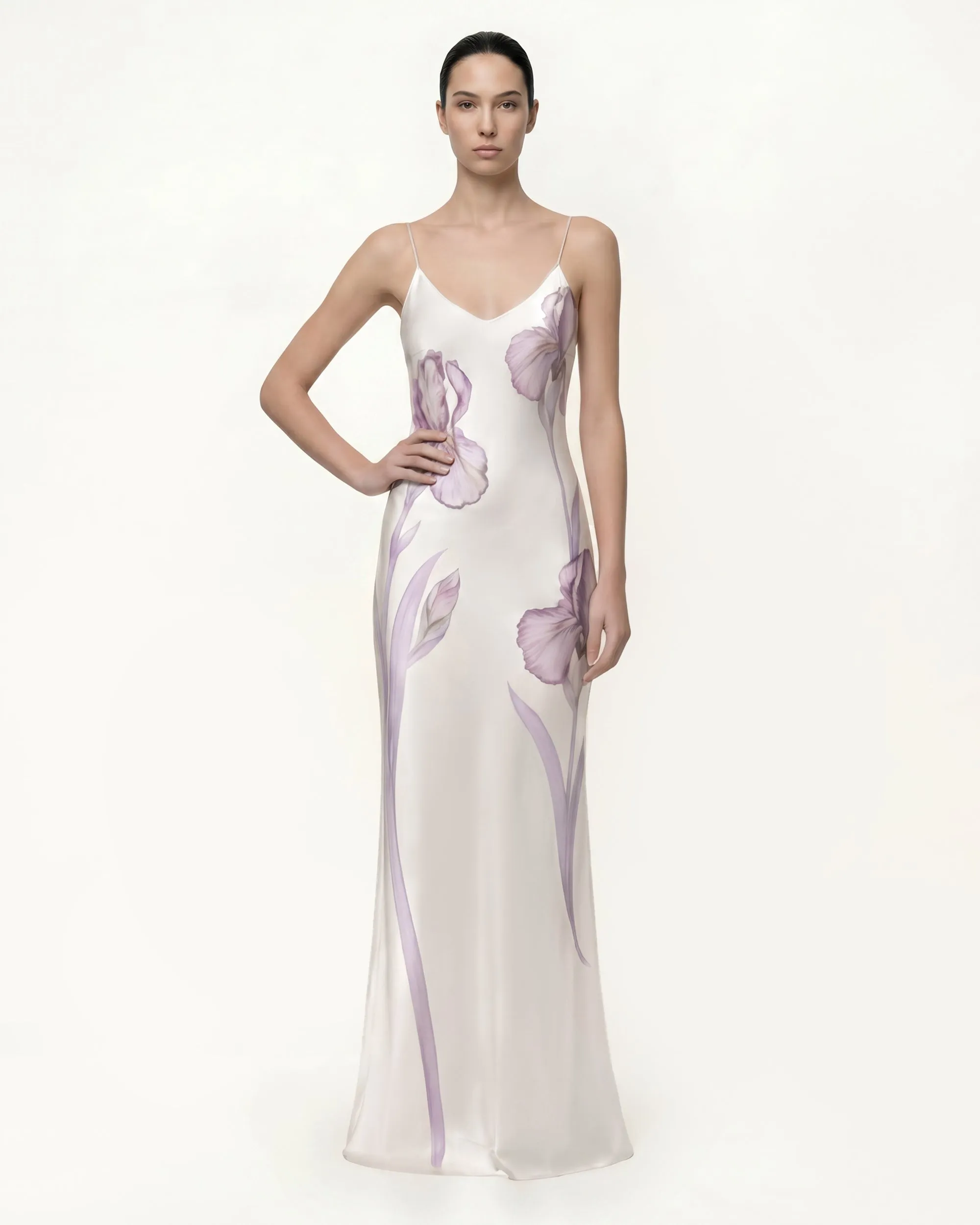 Iris Print Satin Spaghetti Strap Slip Maxi Dress - White/Purple sold by JW PEI