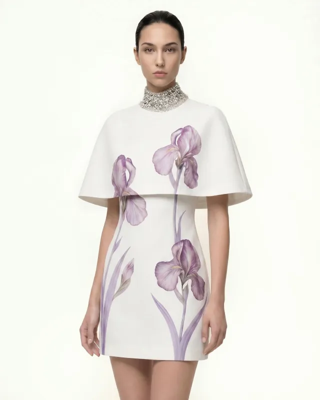Jeweled High Neck Cape Iris Print Mini Dress - White/Purple made by JW PEI