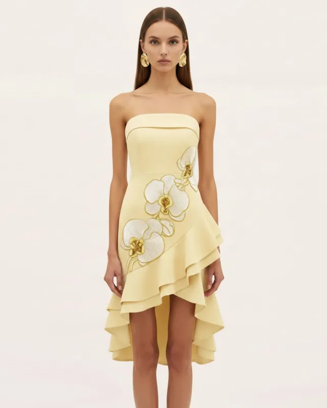 Orchid Embroidered Asymmetrical Strapless Midi Dress - Pale Yellow made by JW PEI