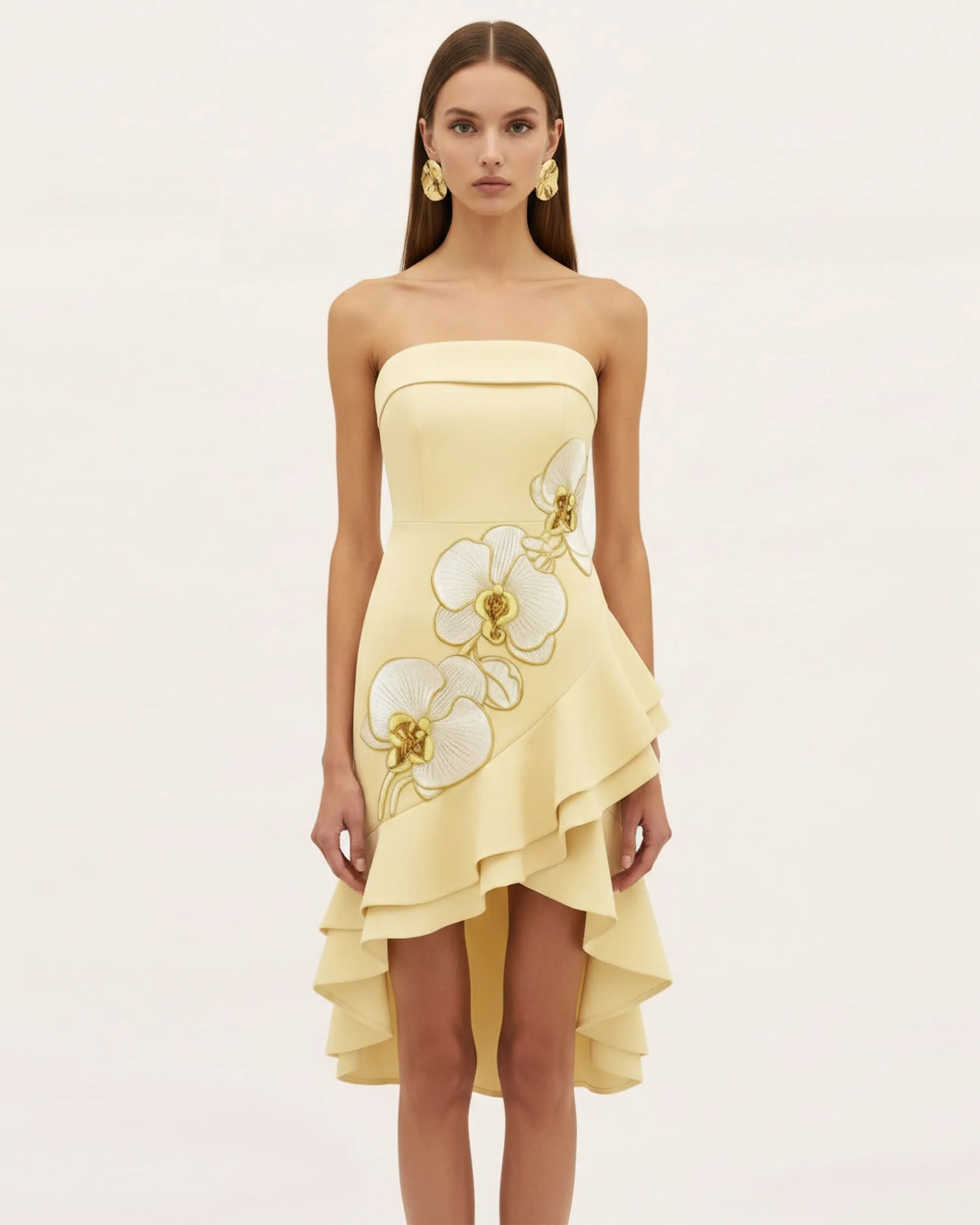 Orchid Embroidered Asymmetrical Strapless Midi Dress - Pale Yellow sold by JW PEI