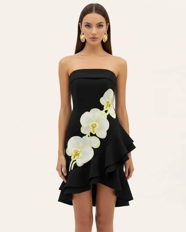 Orchid Embroidered Asymmetrical Strapless Midi Dress - Black Yellow made by JW PEI